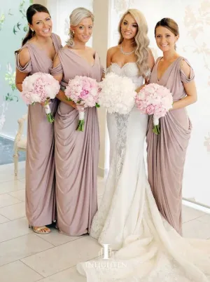 V-Neck Cold Shoulder Ruched Satin Bridesmaid Dress (BMA20135)