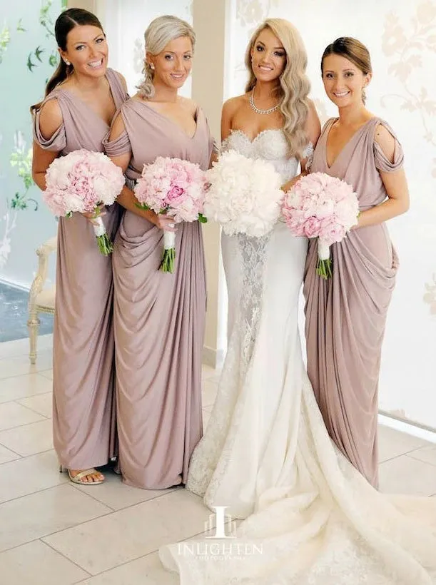V-Neck Cold Shoulder Ruched Satin Bridesmaid Dress (BMA20135)