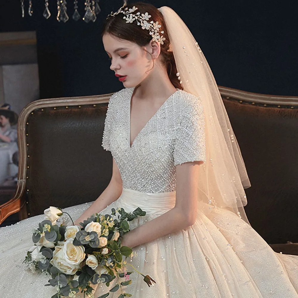 V-neck Lace Up Short Sleeve Gorgeous Gowns