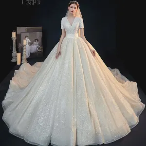 V-neck Lace Up Short Sleeve Gorgeous Gowns