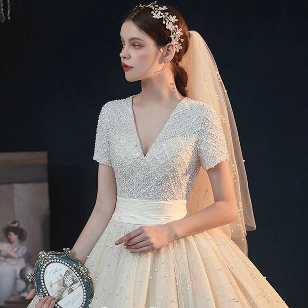 V-neck Lace Up Short Sleeve Gorgeous Gowns