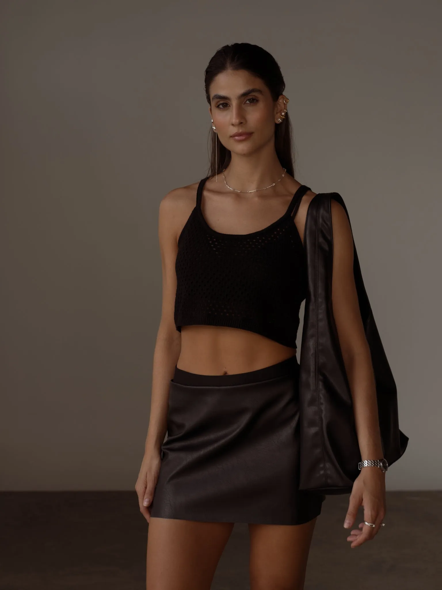 VEGAN LEATHER MINI SKIRT  - BLACK