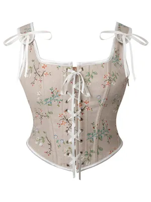 Vintage Floral Lace Up Tie Front Overbust Boned Bustier Bodice Corset Top