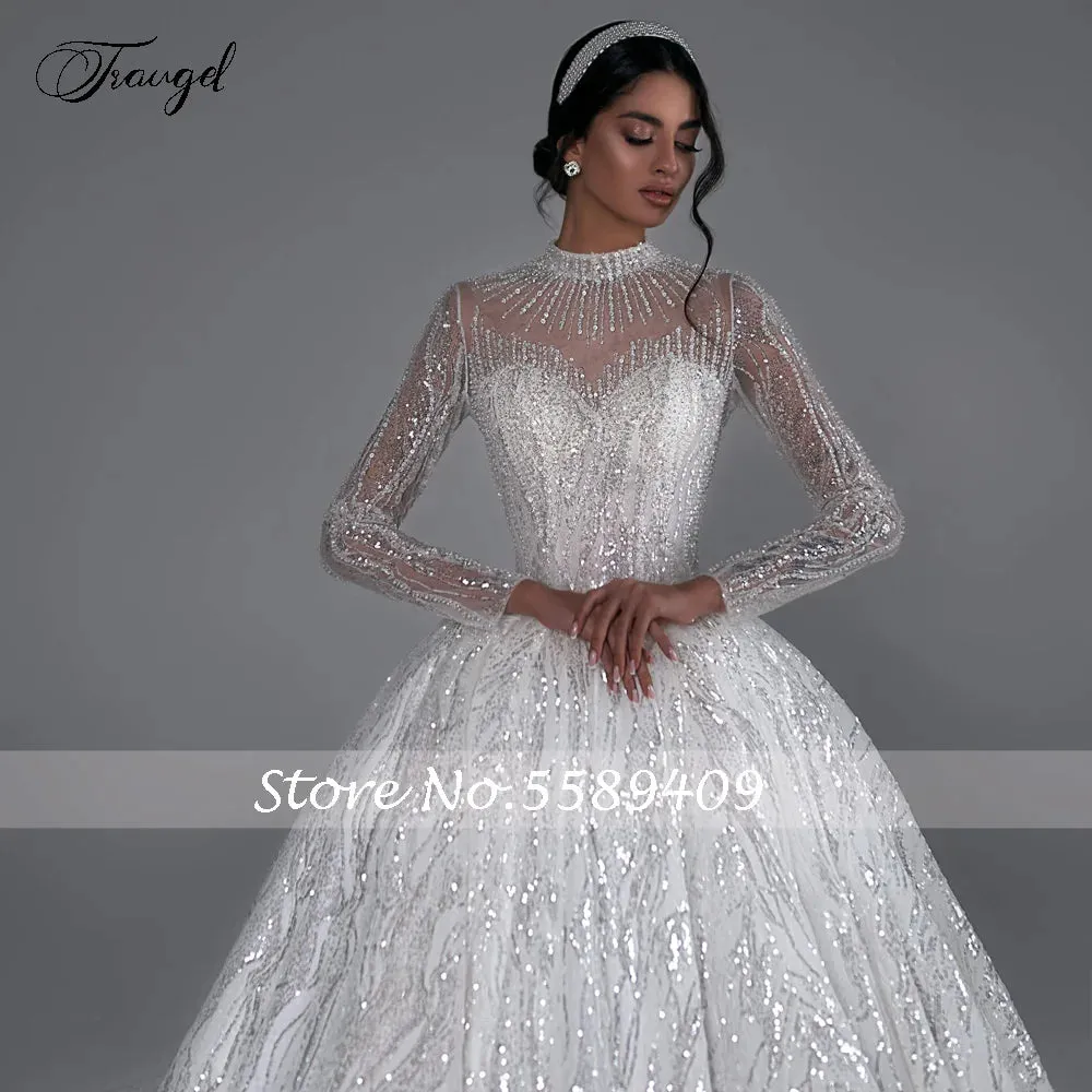 Wedding Dresses High Neck Long Sleeve Vestido De Novia Lace Sequined