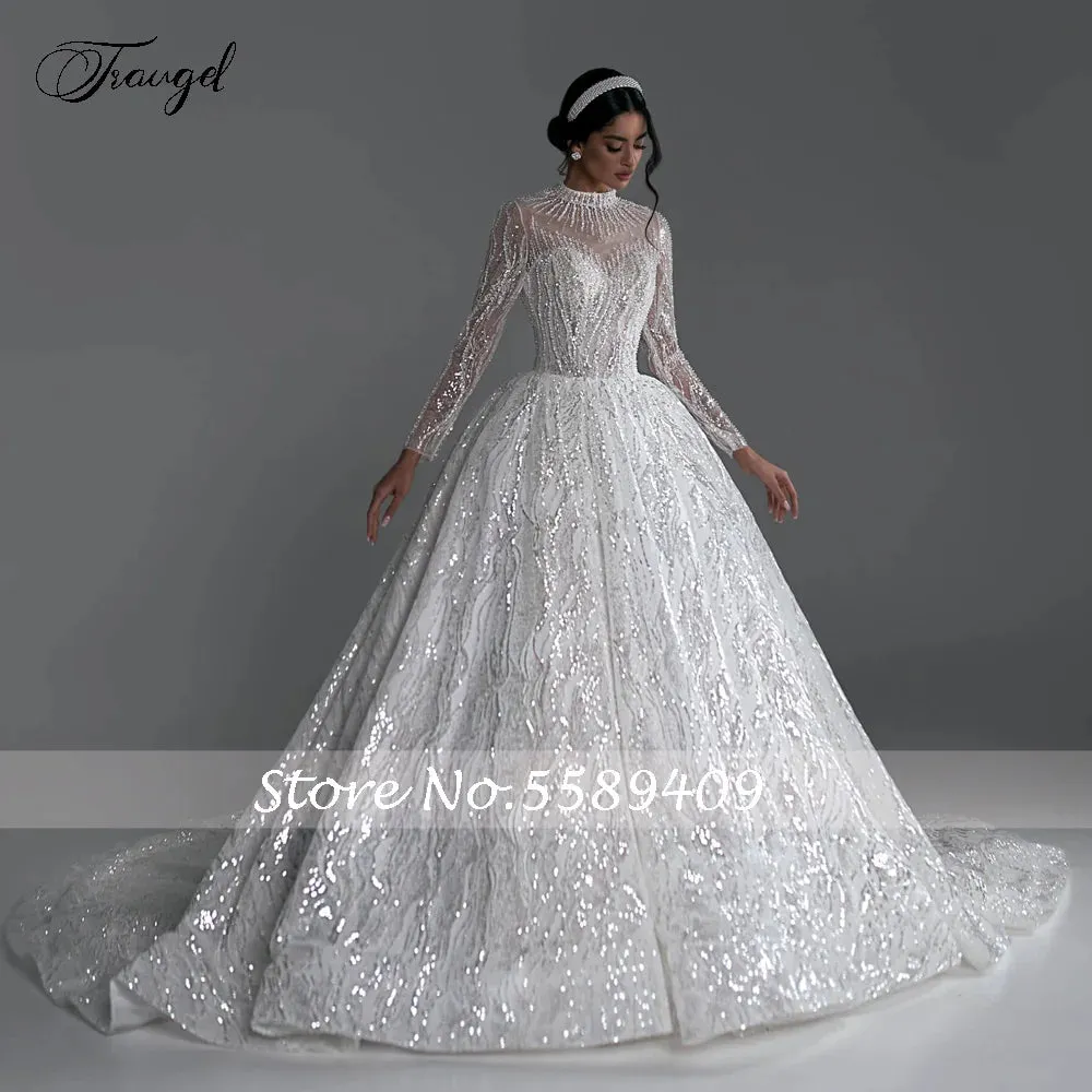 Wedding Dresses High Neck Long Sleeve Vestido De Novia Lace Sequined