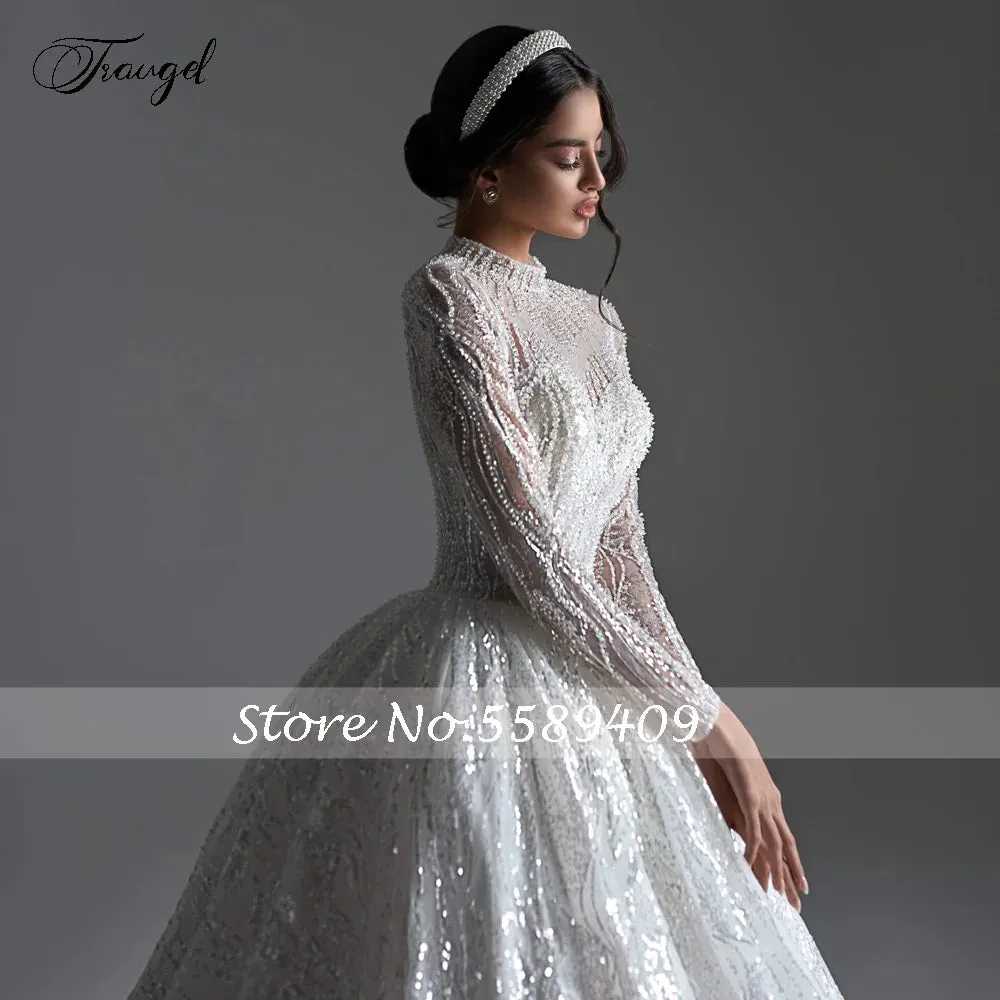 Wedding Dresses High Neck Long Sleeve Vestido De Novia Lace Sequined