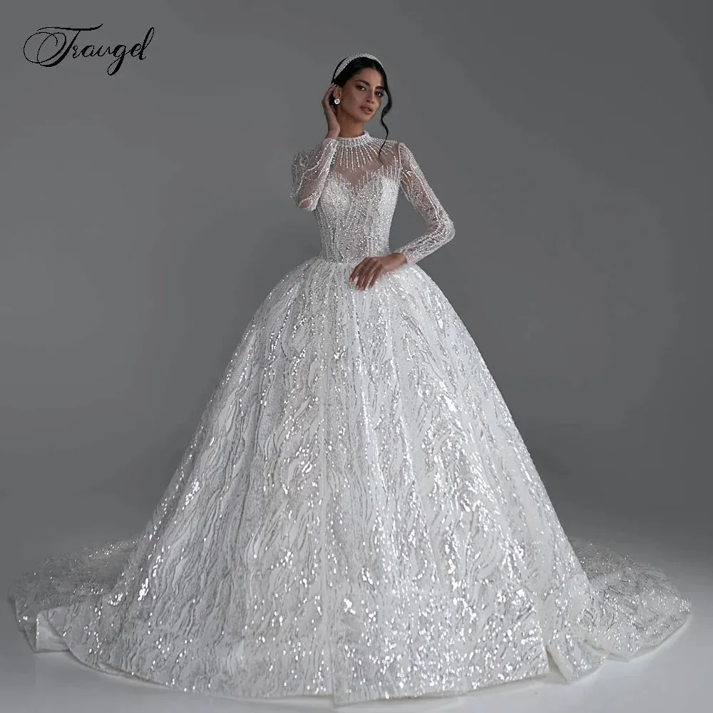 Wedding Dresses High Neck Long Sleeve Vestido De Novia Lace Sequined