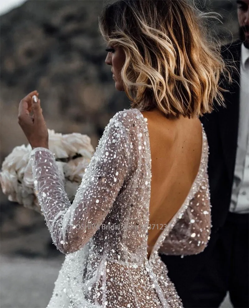 Wedding Dresses Long Sleeves Floor Length Backless Bridal Gowns