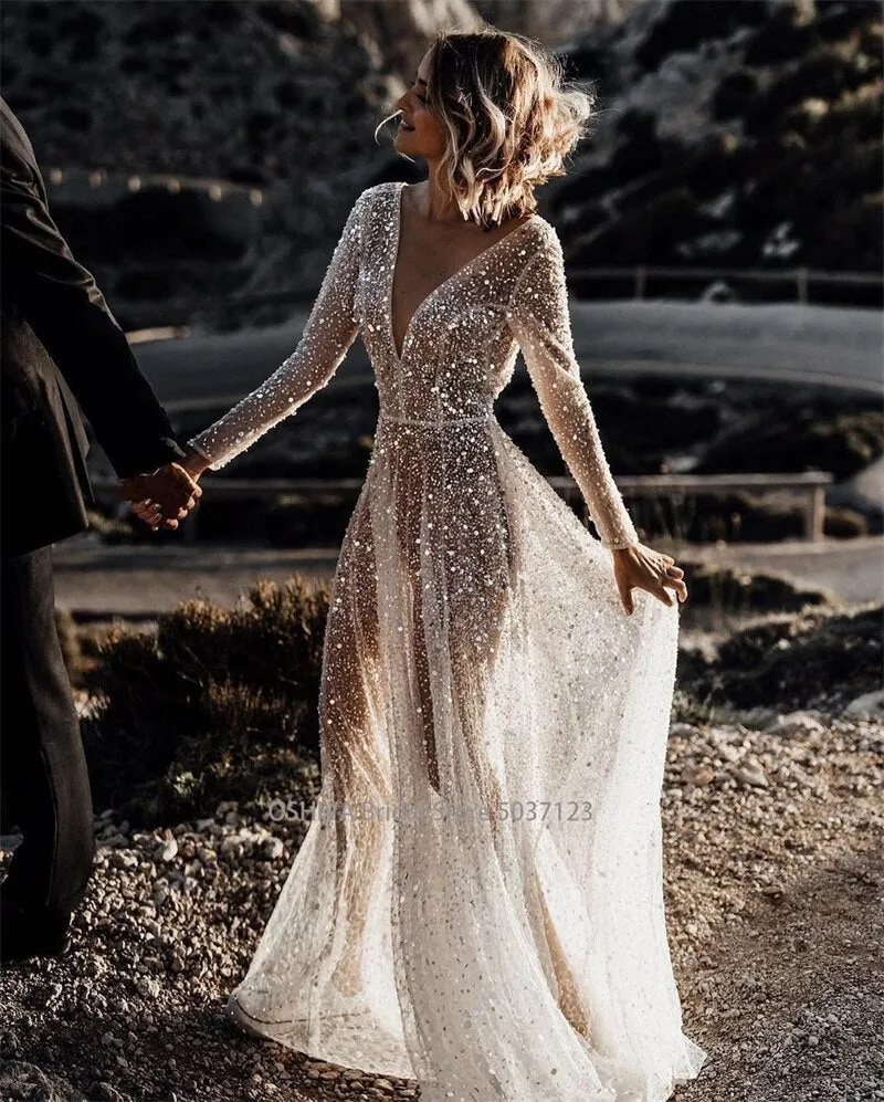 Wedding Dresses Long Sleeves Floor Length Backless Bridal Gowns