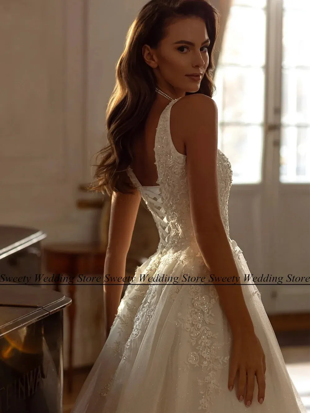 Wedding Guest Dresses: Bride Gown Square Neck Sleeveless Sequin Applique