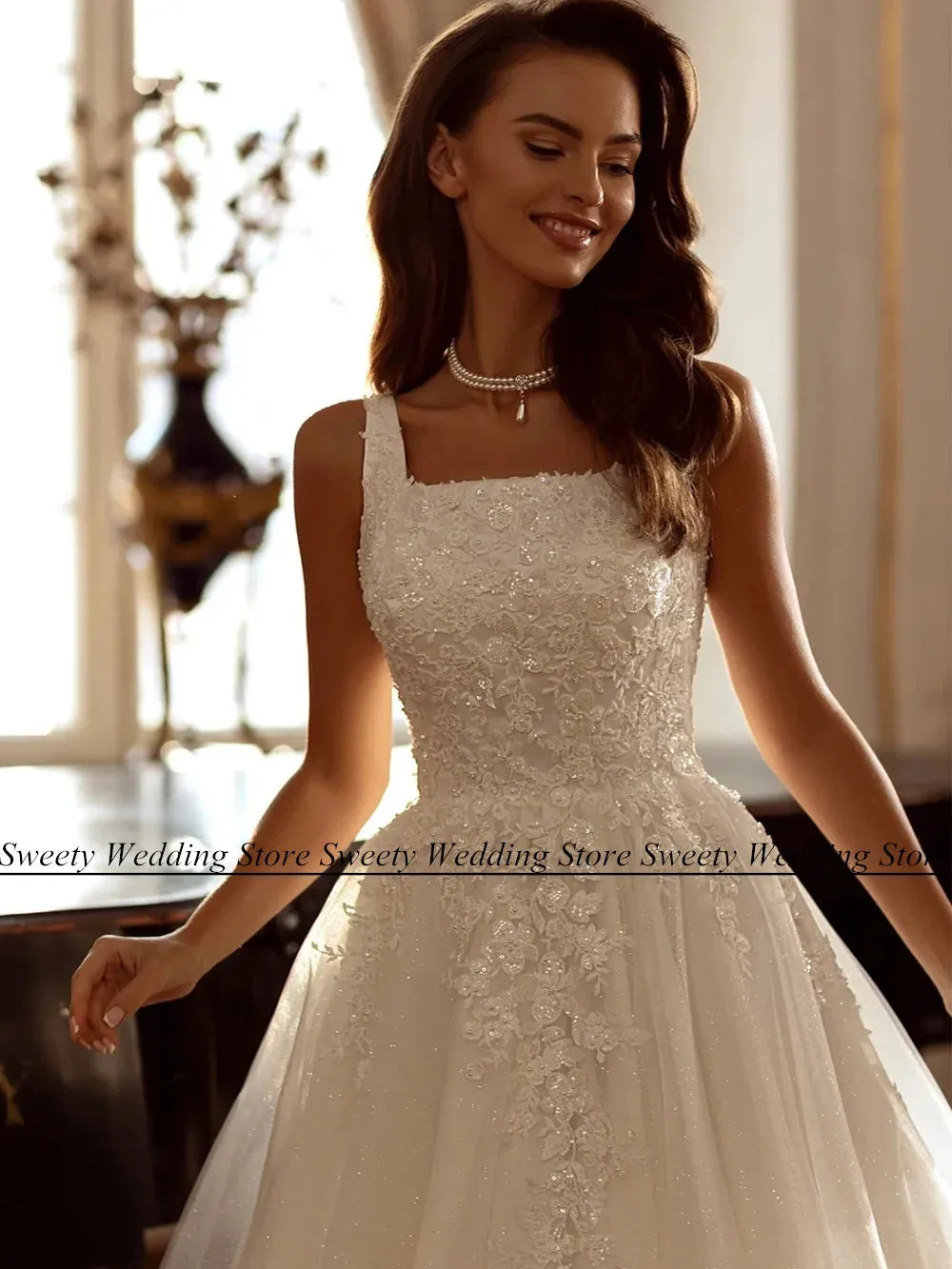 Wedding Guest Dresses: Bride Gown Square Neck Sleeveless Sequin Applique