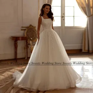 Wedding Guest Dresses: Bride Gown Square Neck Sleeveless Sequin Applique