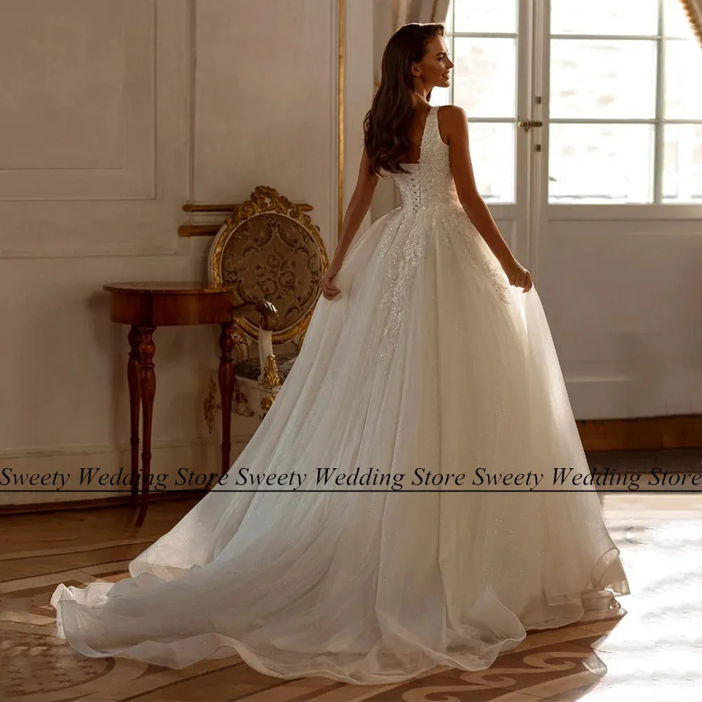 Wedding Guest Dresses: Bride Gown Square Neck Sleeveless Sequin Applique