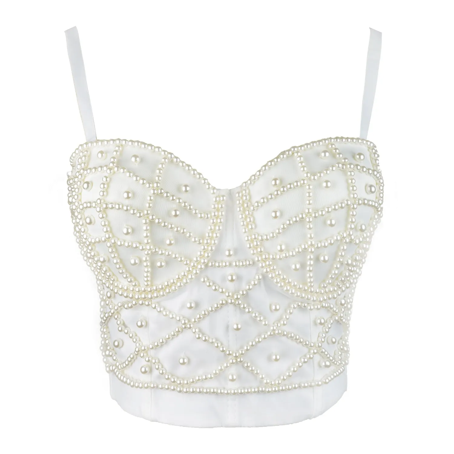 White Pearls Beaded Bustier Corset Club Party Cage Bra