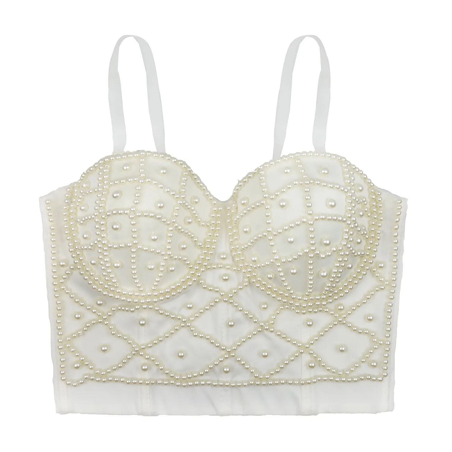 White Pearls Beaded Bustier Corset Club Party Cage Bra