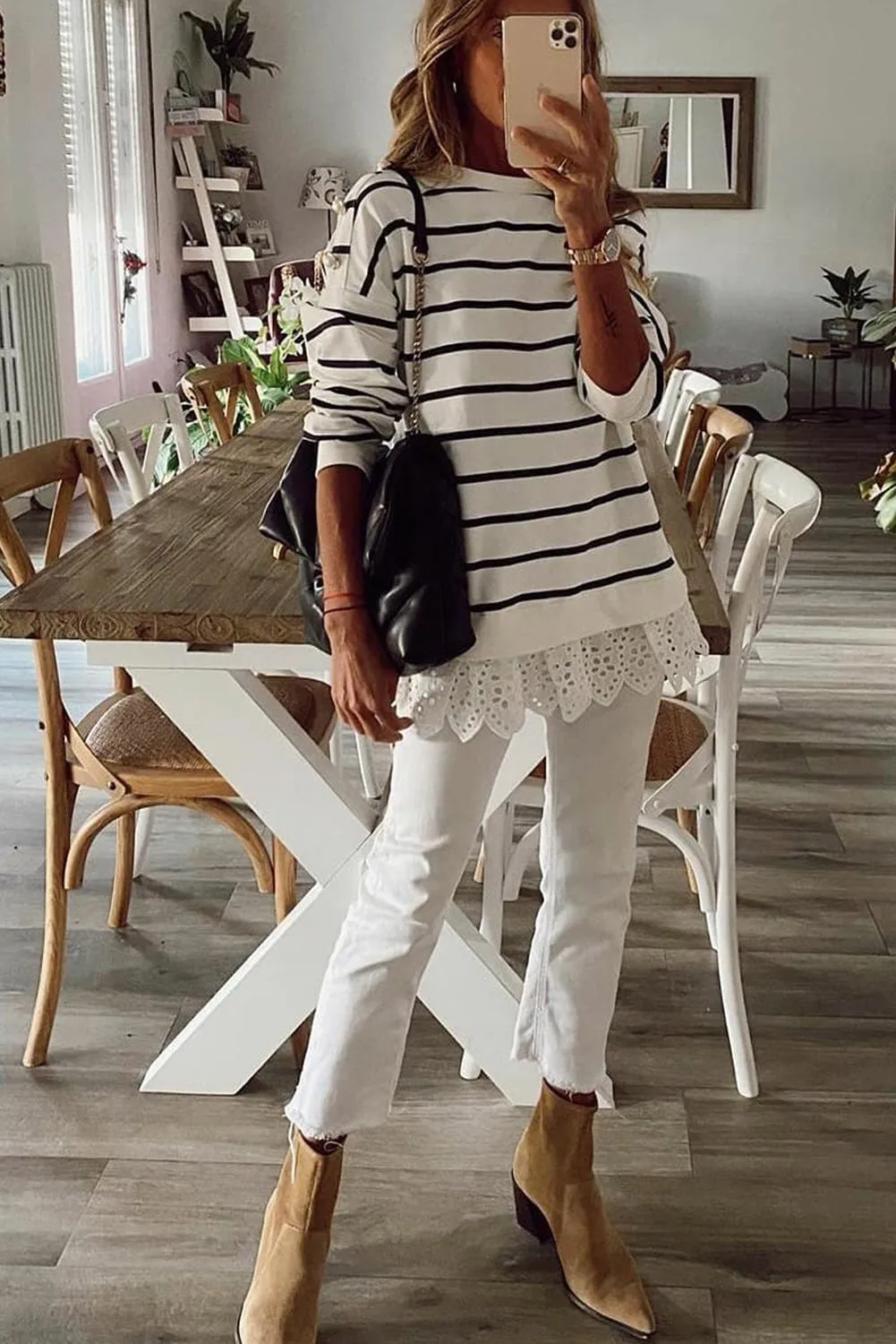 White Striped Button Dropped Shoulder Long Sleeve Top