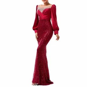 Wine Red Prom Dress Sequined Satin Mermaid Long Sleeve Ball Gown