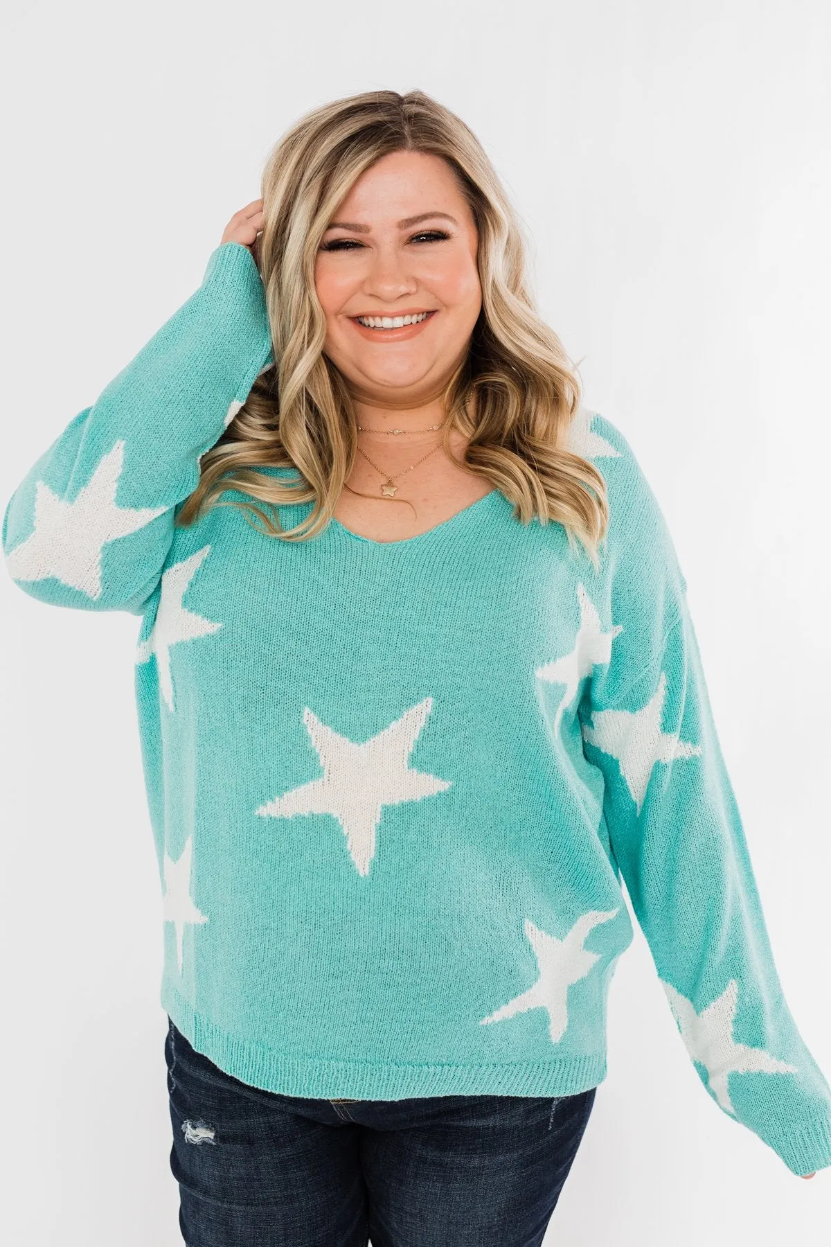 Wishing On A Star Knitted Sweater- Aqua Blue
