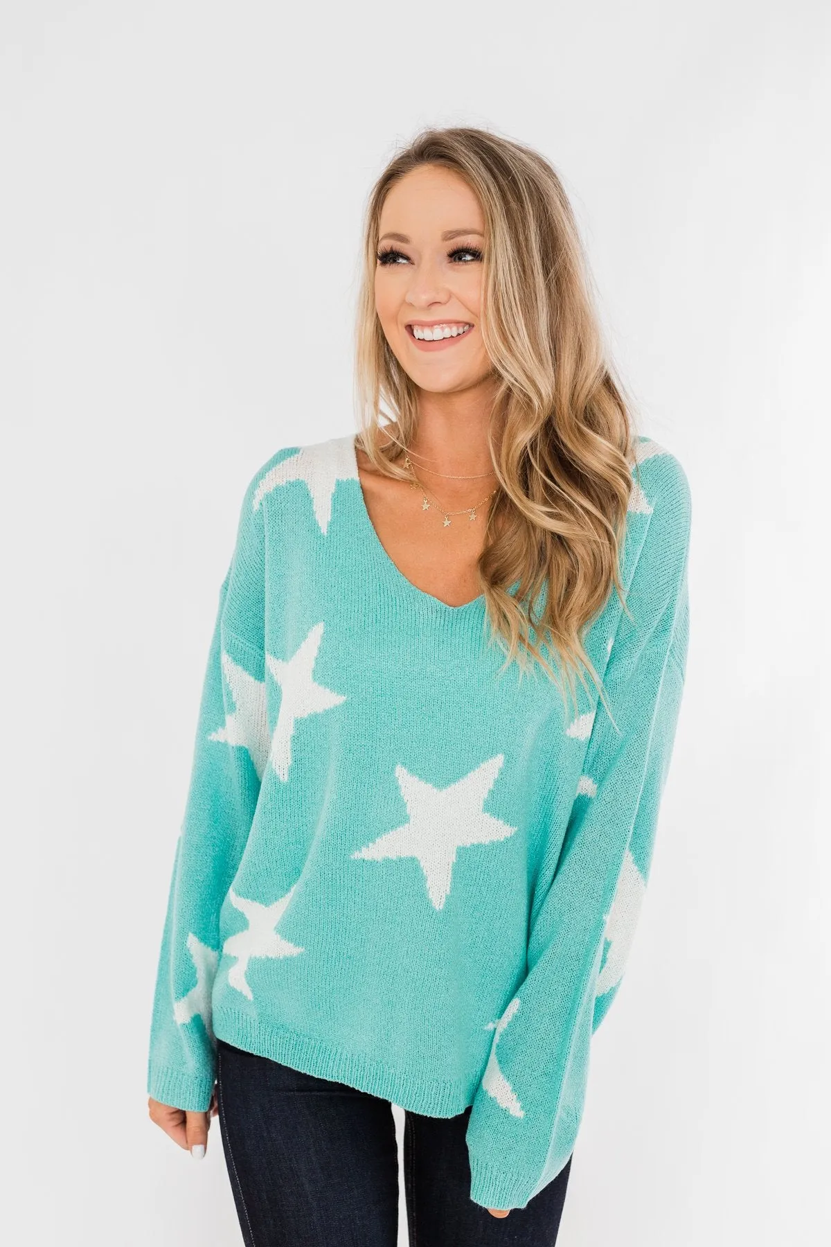 Wishing On A Star Knitted Sweater- Aqua Blue