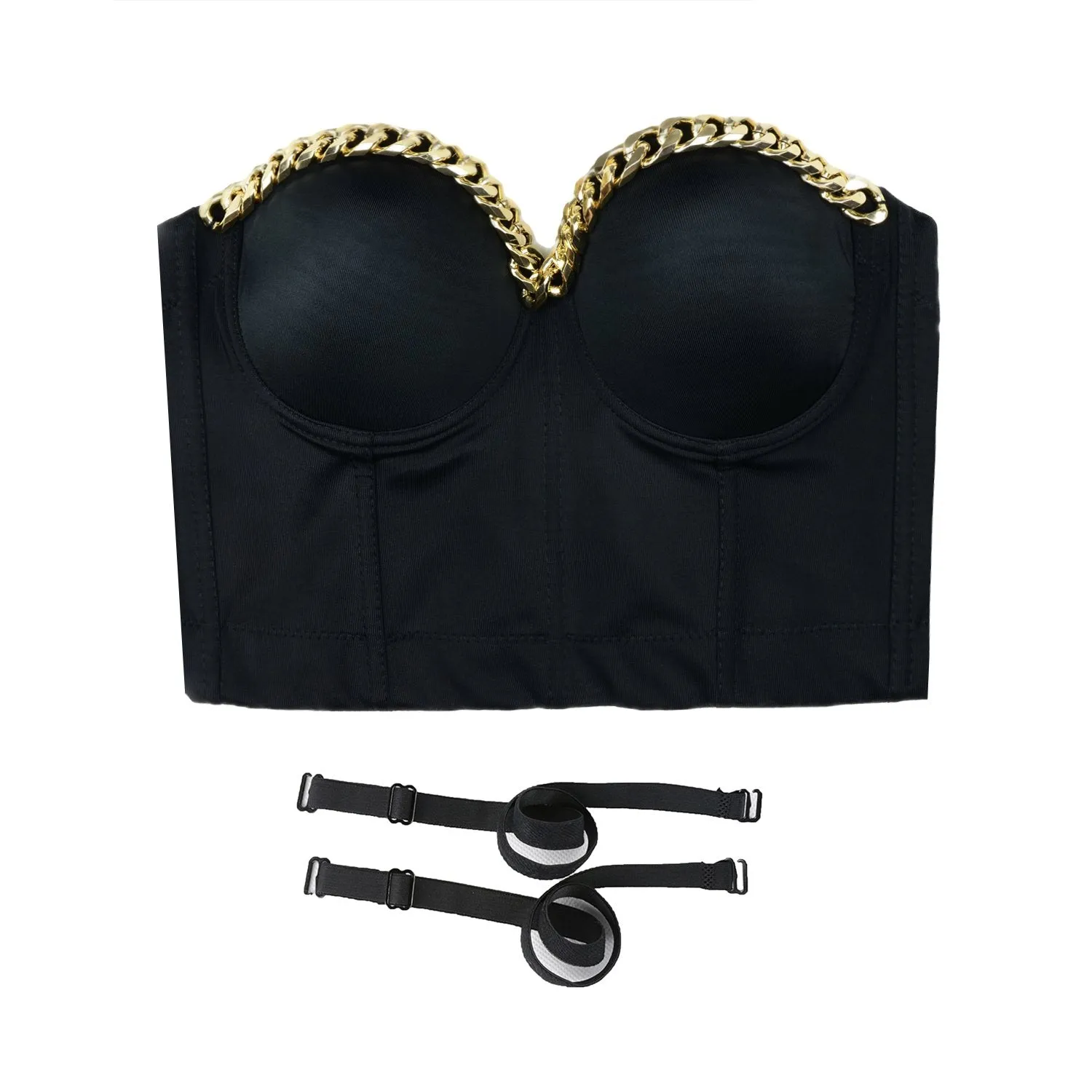 Women Gold Chain Smooth Push up Bustier Crop Top Corset Bra with Detachable Straps Black