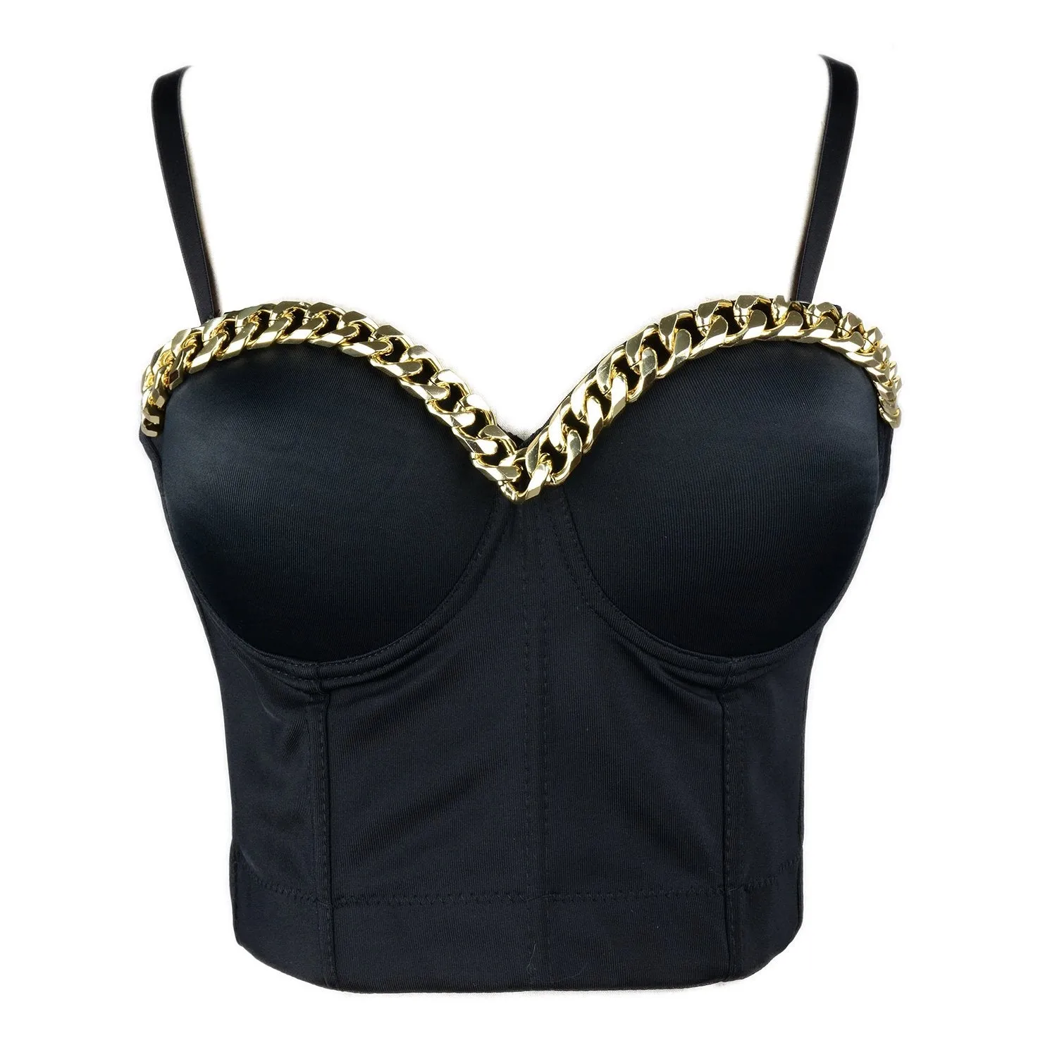 Women Gold Chain Smooth Push up Bustier Crop Top Corset Bra with Detachable Straps Black