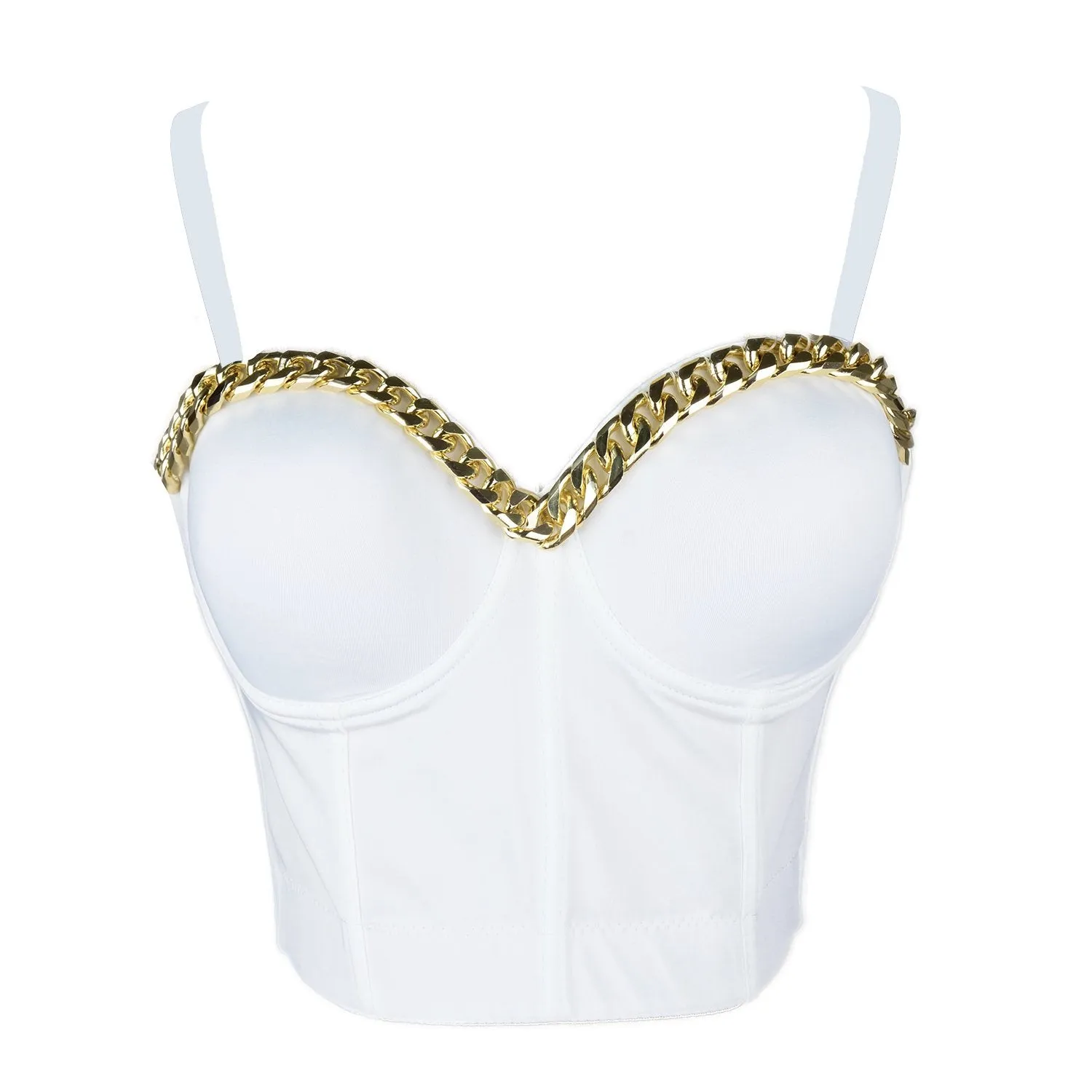 Women Gold Chain Smooth Push up Bustier Crop Top Corset Bra with Detachable Straps White
