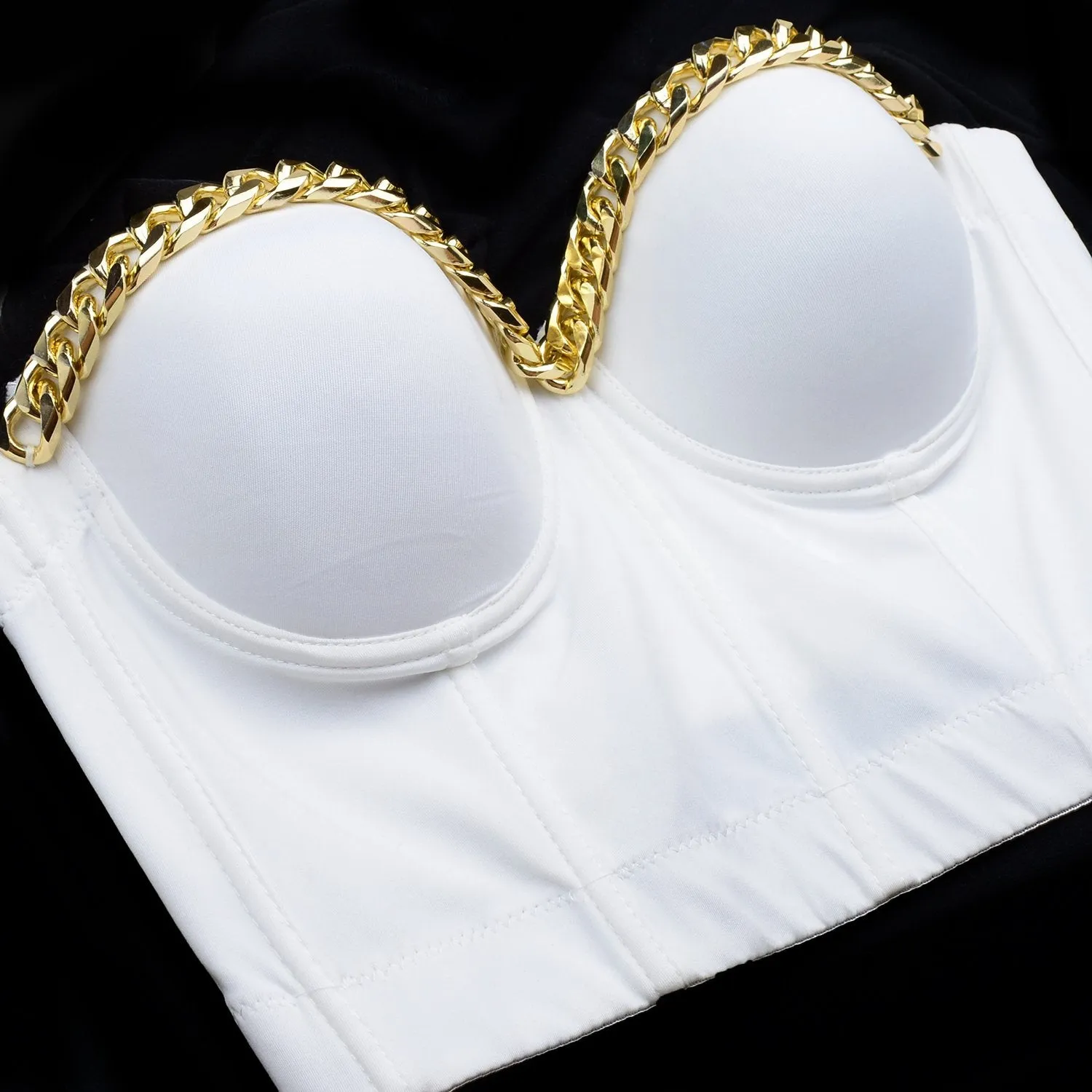 Women Gold Chain Smooth Push up Bustier Crop Top Corset Bra with Detachable Straps White
