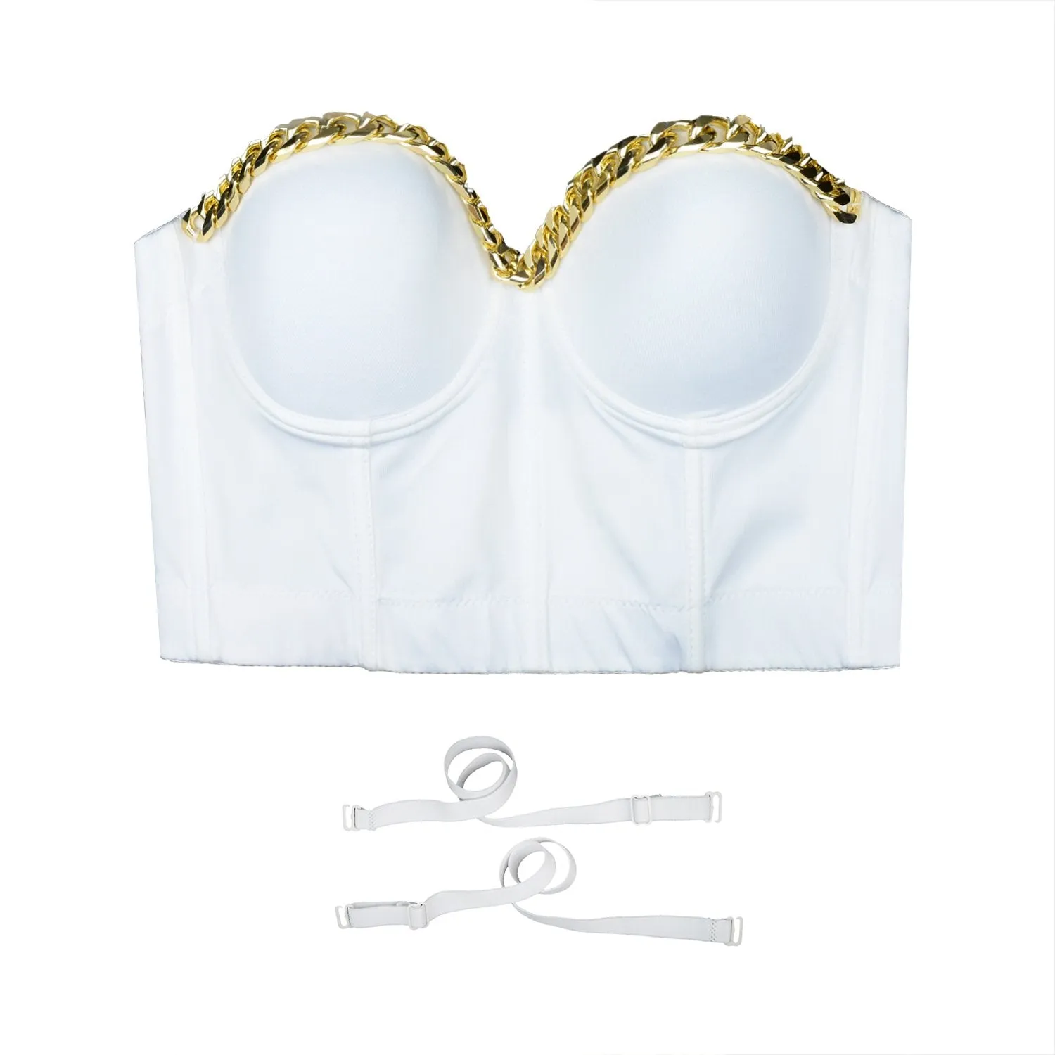 Women Gold Chain Smooth Push up Bustier Crop Top Corset Bra with Detachable Straps White