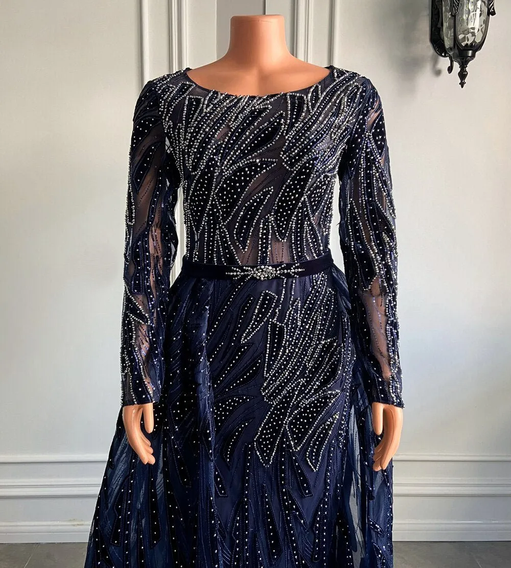 Women Navy Blue Muslim Lace Formal Evening Gowns With Train