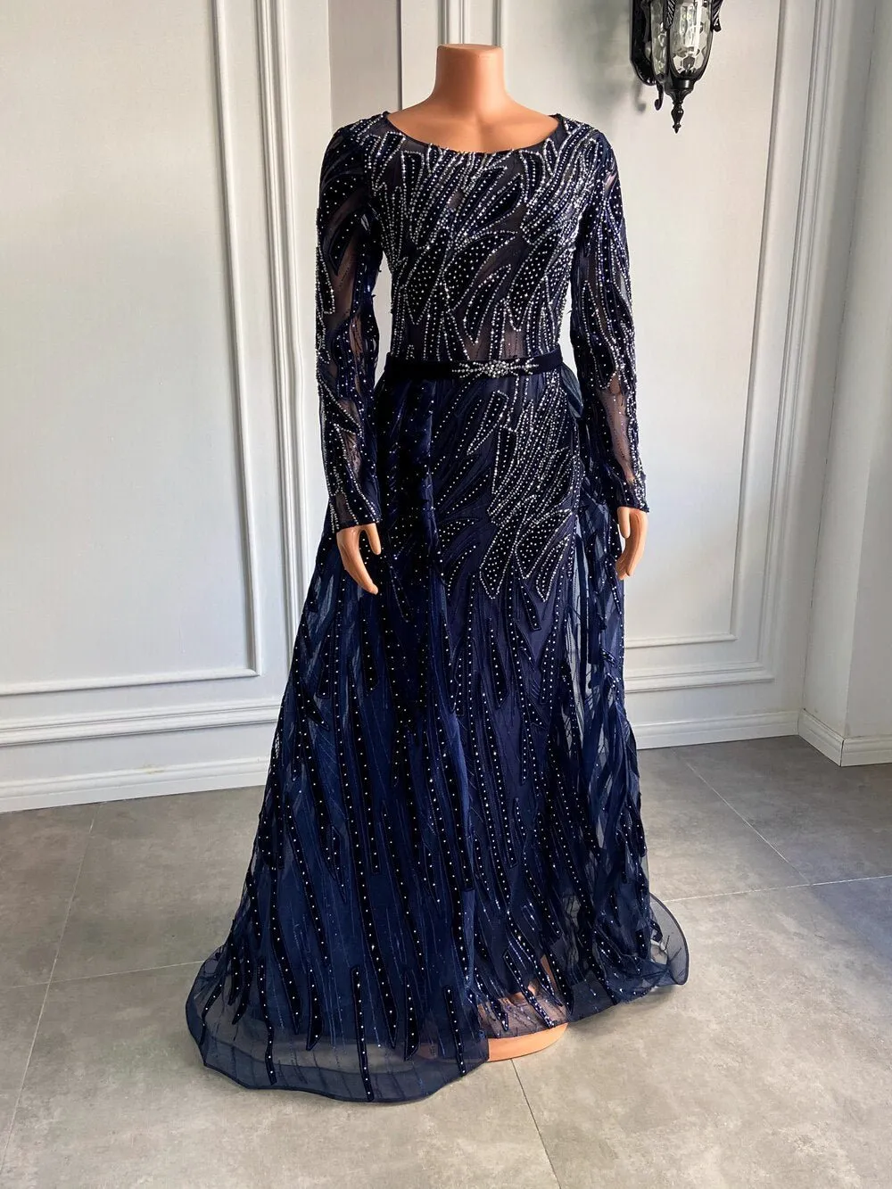 Women Navy Blue Muslim Lace Formal Evening Gowns With Train