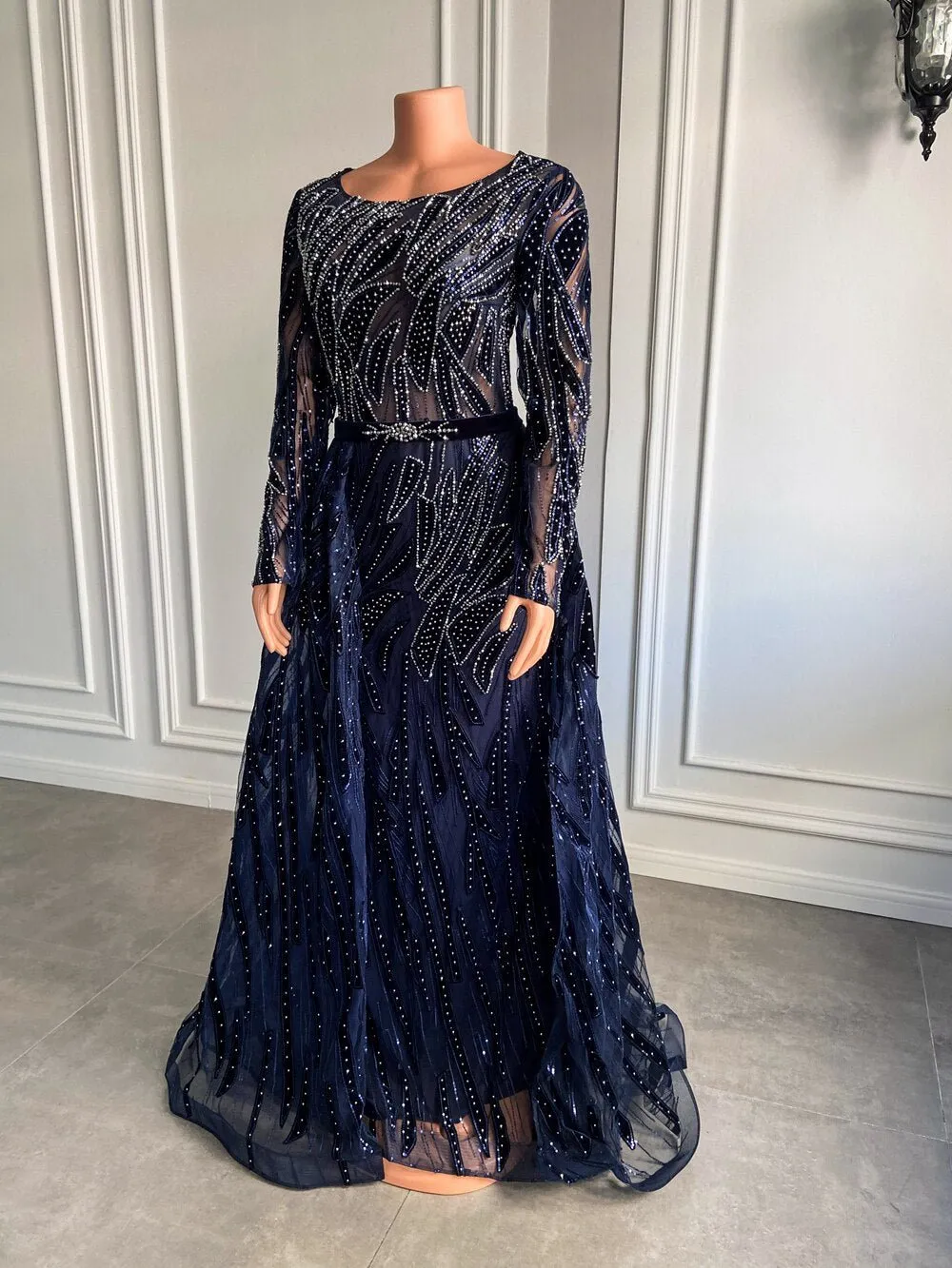 Women Navy Blue Muslim Lace Formal Evening Gowns With Train