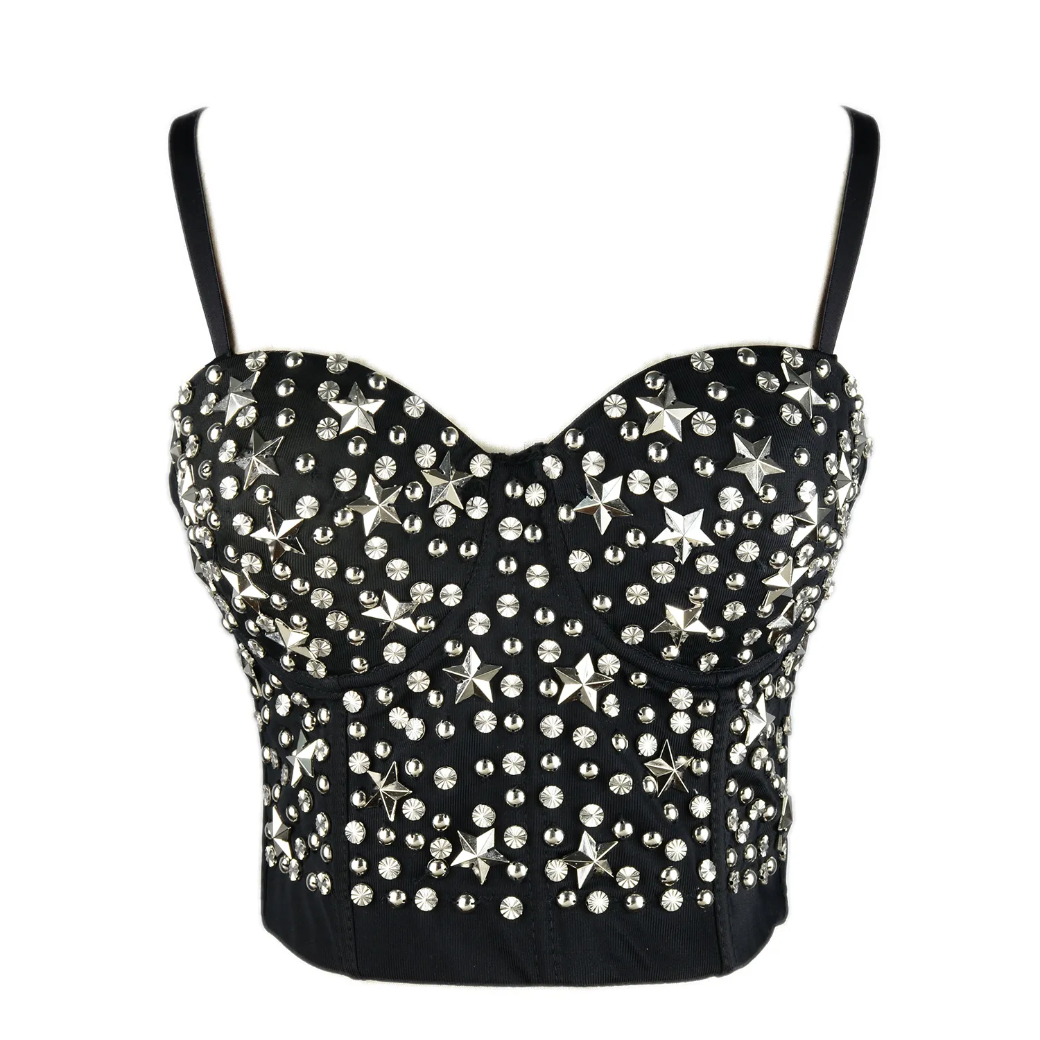 Women Silver Metal Star Rustic Smooth Punk Style Bustier Crop Top Corset Bra