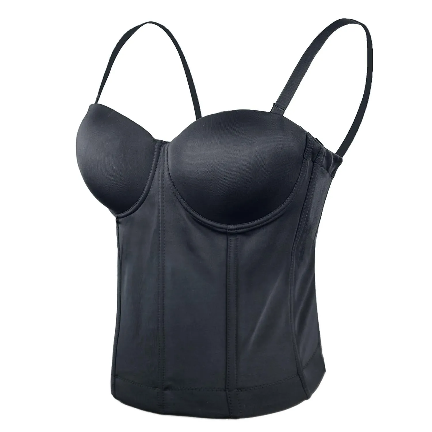 Women Smooth Long Bustier Crop Top Basic Corset Top Black with Detachable Straps