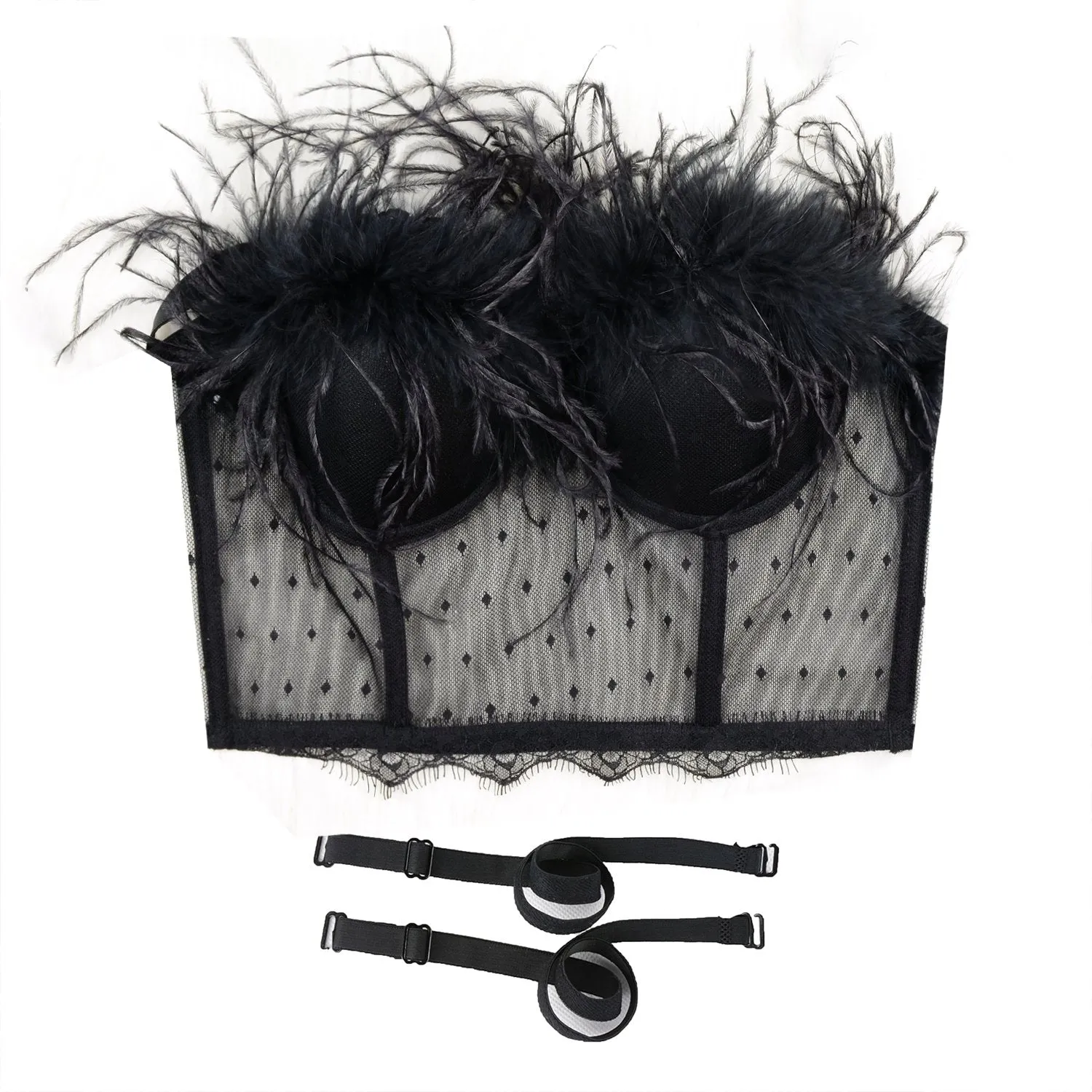 Women's Feather Tassel Cut Cross Strappy Lace Bustier Tops Sexy Club Party Crop Top Black
