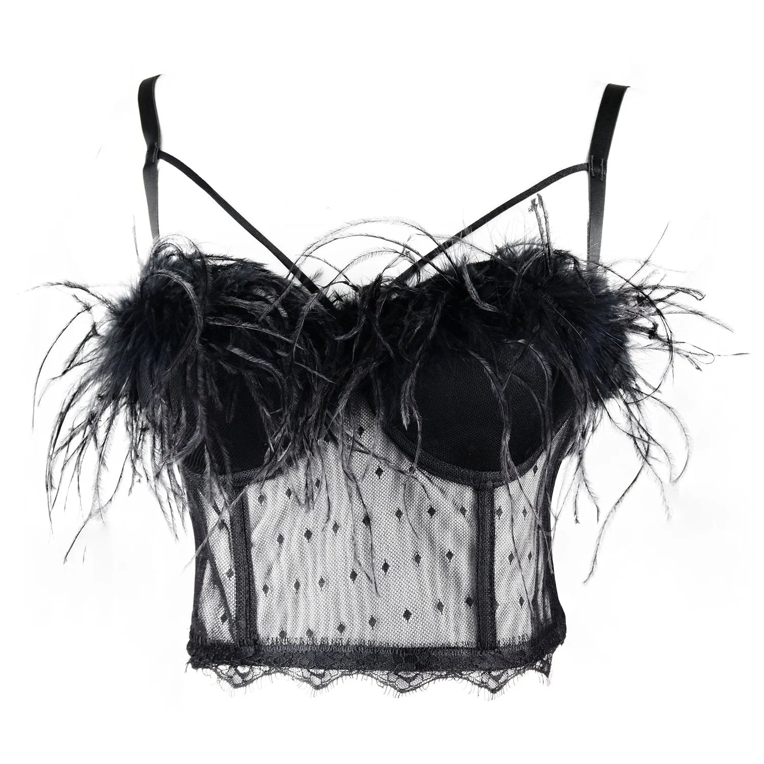 Women's Feather Tassel Cut Cross Strappy Lace Bustier Tops Sexy Club Party Crop Top Black
