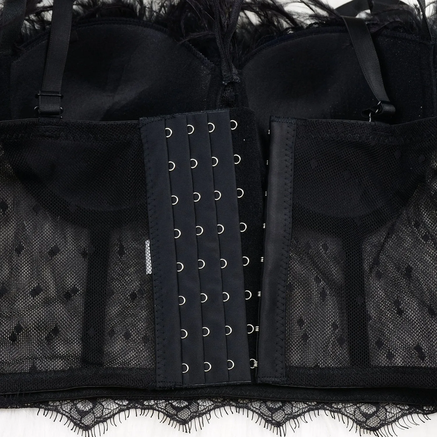 Women's Feather Tassel Cut Cross Strappy Lace Bustier Tops Sexy Club Party Crop Top Black