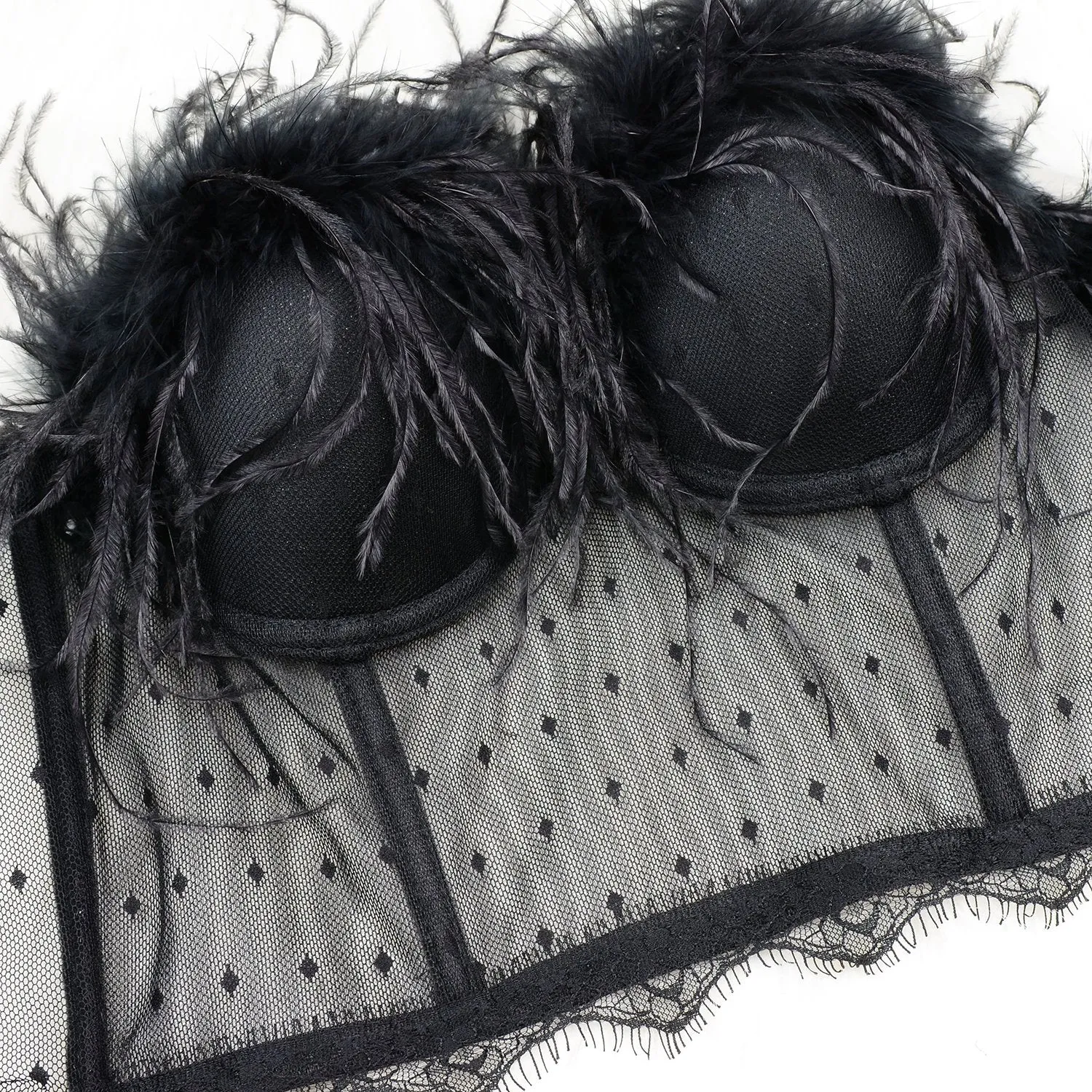 Women's Feather Tassel Cut Cross Strappy Lace Bustier Tops Sexy Club Party Crop Top Black