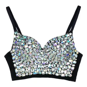Women's Gemstone Bustier Crop Top Sexy Punk Rhinestone Corset Top Bra Black