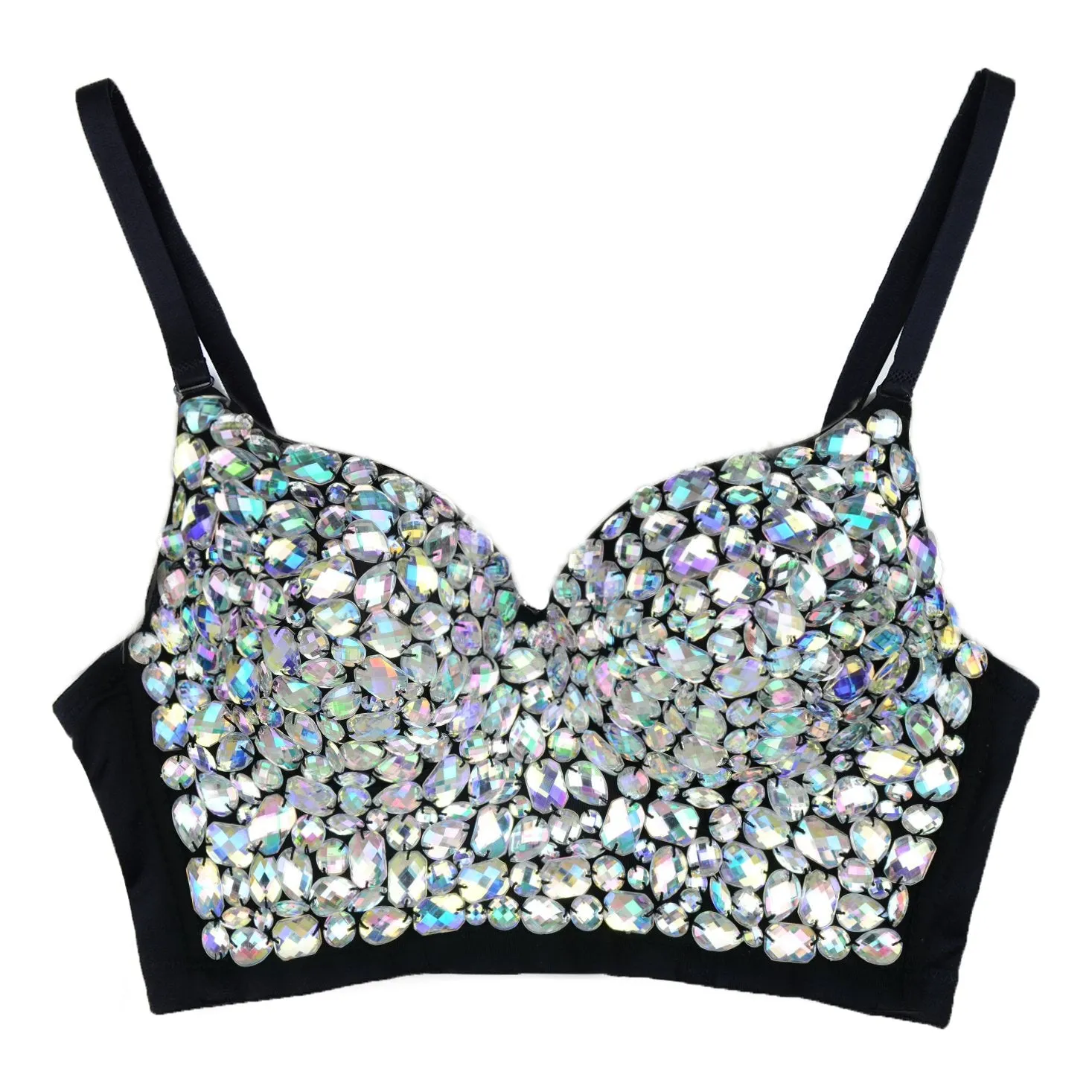 Women's Gemstone Bustier Crop Top Sexy Punk Rhinestone Corset Top Bra Black