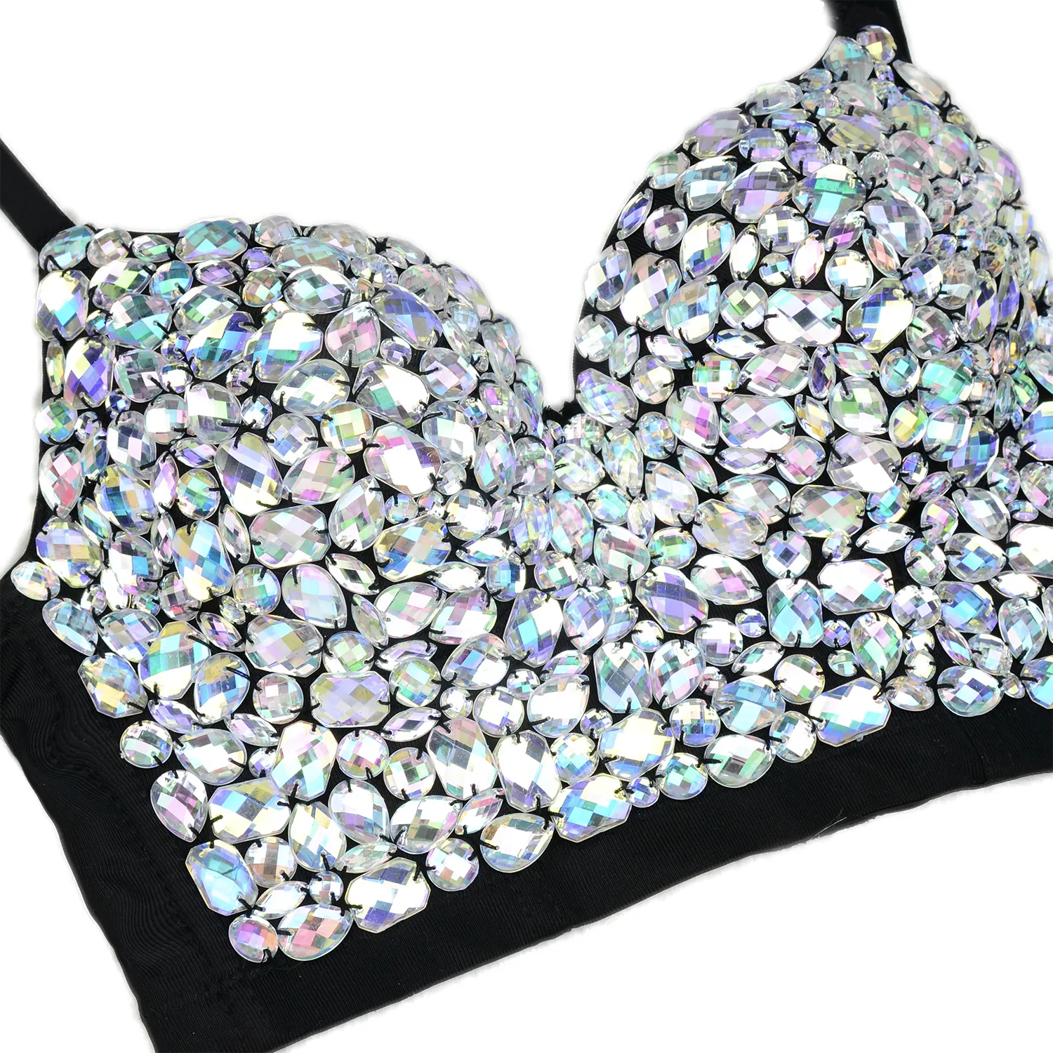 Women's Gemstone Bustier Crop Top Sexy Punk Rhinestone Corset Top Bra Black