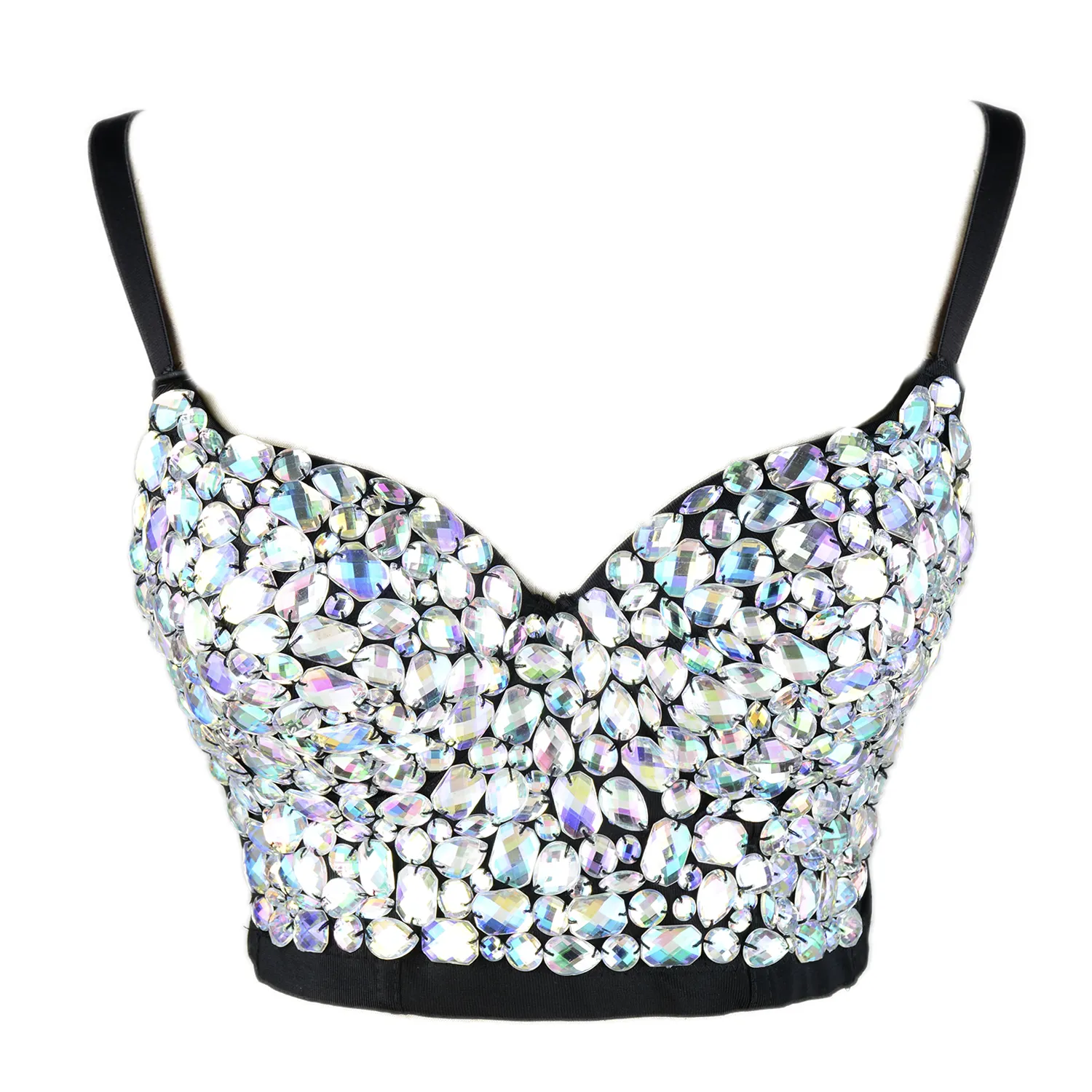 Women's Gemstone Bustier Crop Top Sexy Punk Rhinestone Corset Top Bra Black
