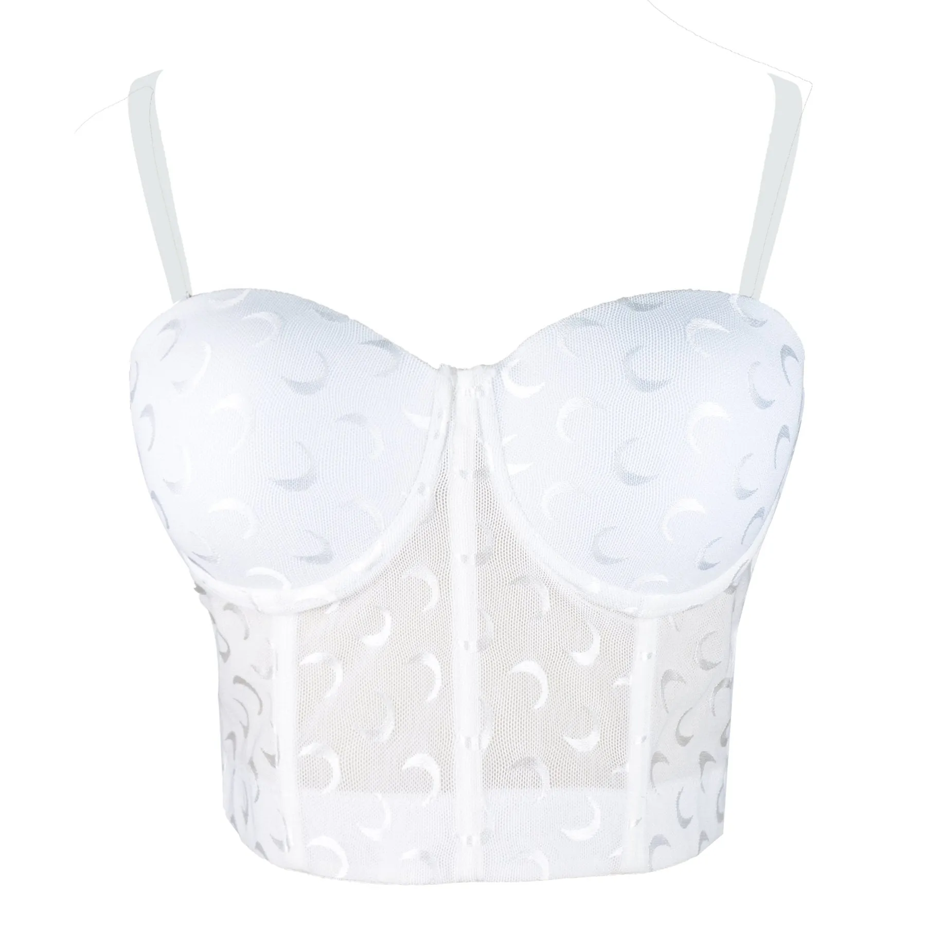 Women's Mesh Crescent Moon Print Bustier Crop Top Sexy Corset Top Bra White 34/75