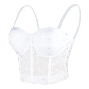 Women's Mesh Crescent Moon Print Bustier Crop Top Sexy Corset Top Bra White 34/75