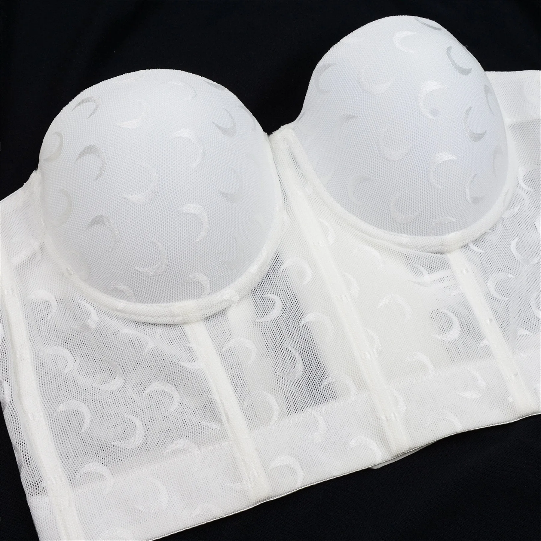 Women's Mesh Crescent Moon Print Bustier Crop Top Sexy Corset Top Bra White 34/75