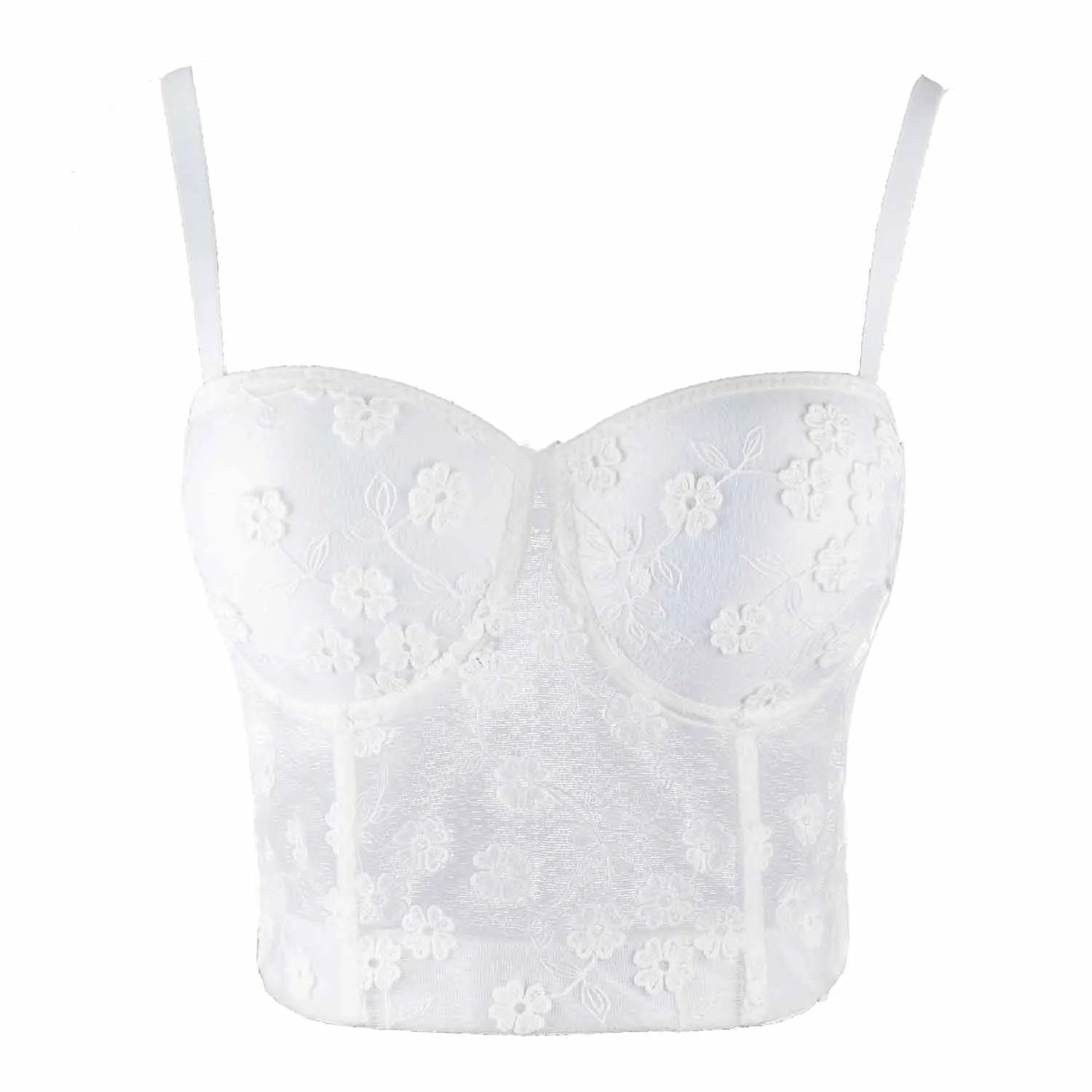 Women's Mesh Lace Flower Bustier Crop Top Sexy Corset Top Bra White