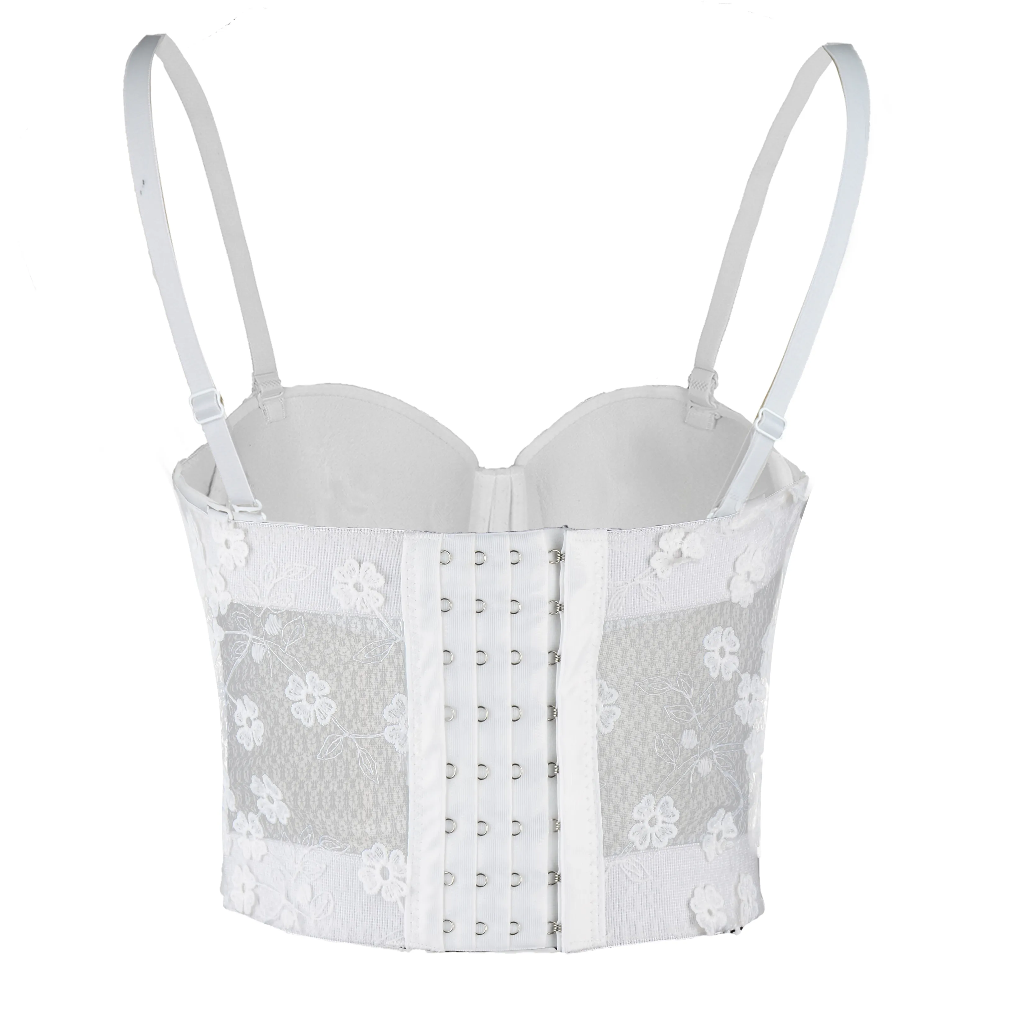Women's Mesh Lace Flower Bustier Crop Top Sexy Corset Top Bra White