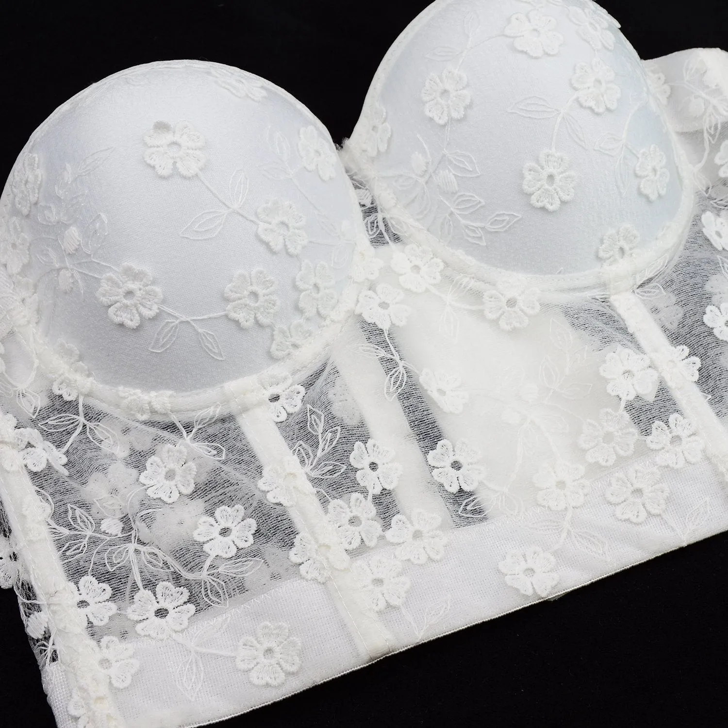 Women's Mesh Lace Flower Bustier Crop Top Sexy Corset Top Bra White