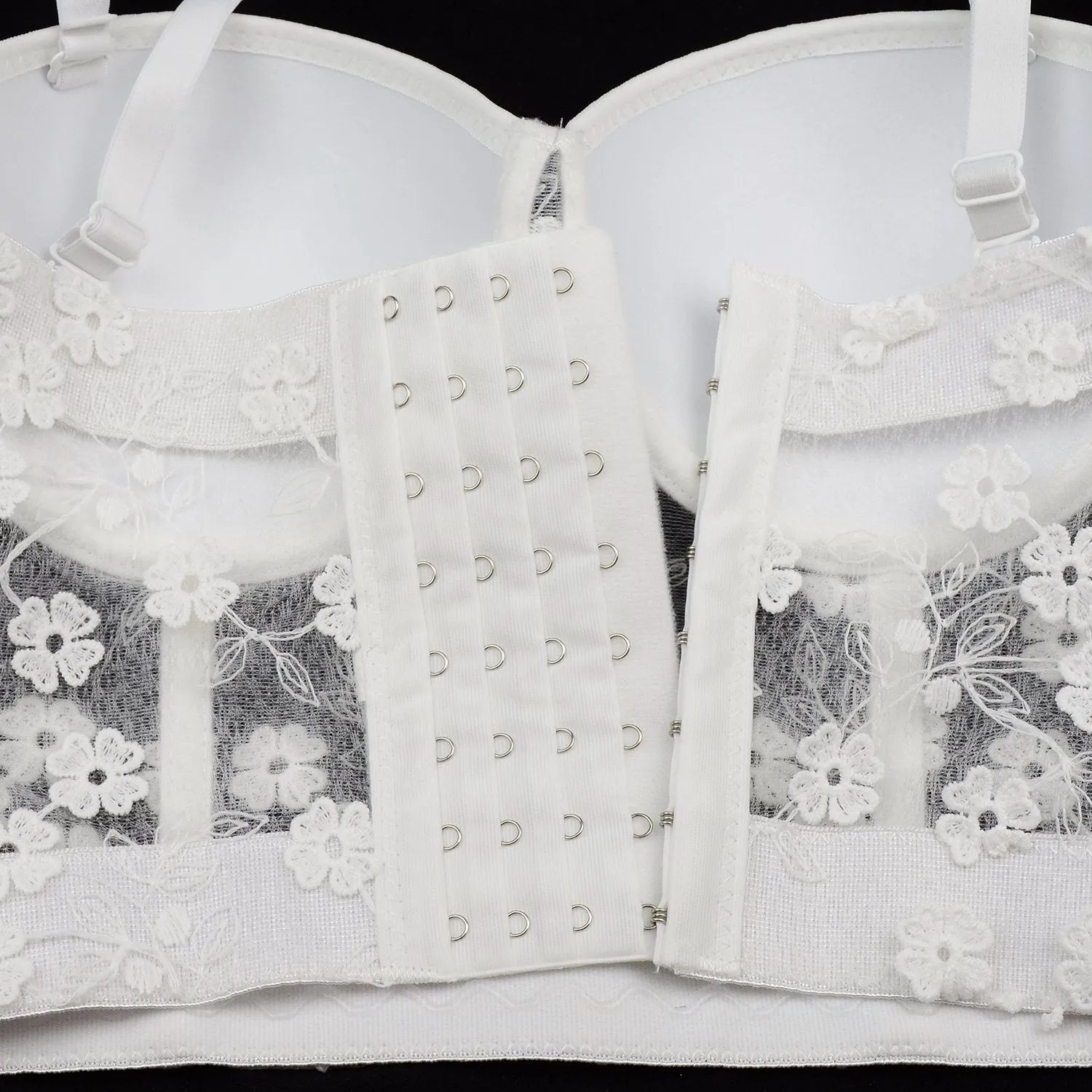 Women's Mesh Lace Flower Bustier Crop Top Sexy Corset Top Bra White