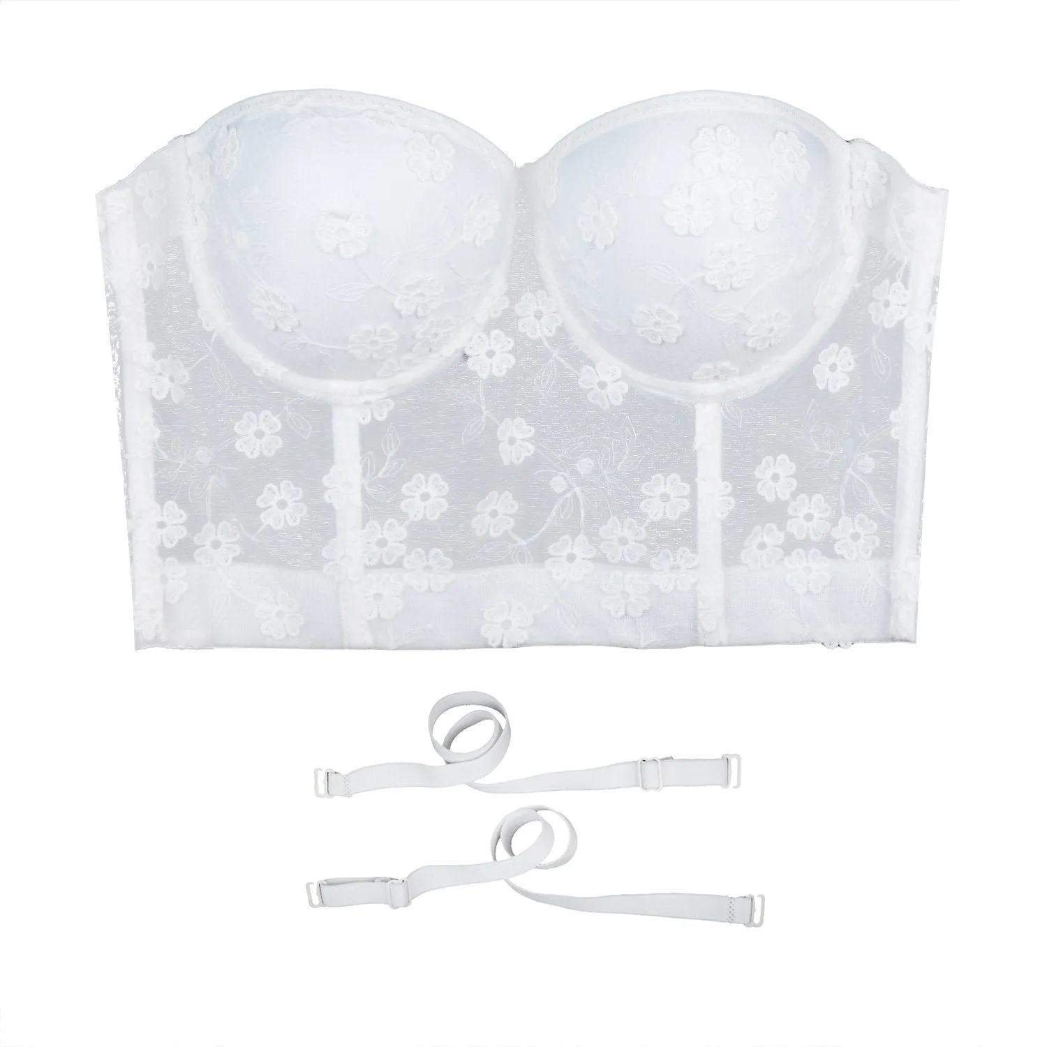 Women's Mesh Lace Flower Bustier Crop Top Sexy Corset Top Bra White