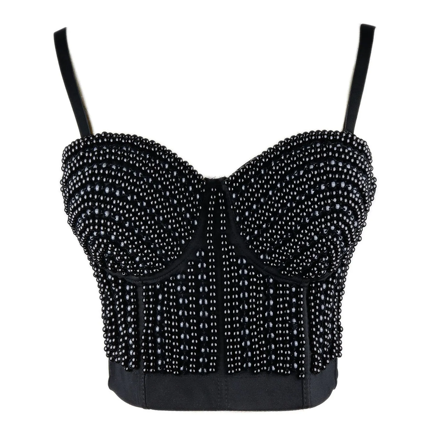 Woment's Pearls Beaded Bustier Crop Top Club Party Sexy Corset Top Bra Black